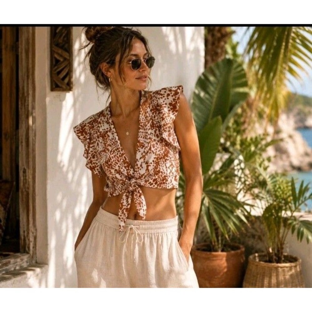 Mahina NWT Animal Print Tie Front Crop Top Ruffle Boho Resort Vacation Size S
